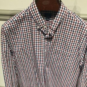 J crew large classic fit cotton burgundy/navy/white gingham check button down.